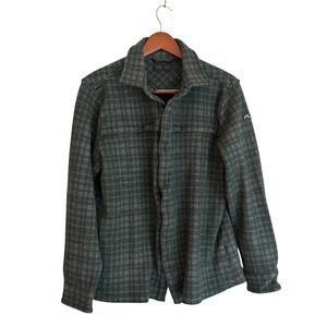Kjus Yellowstone Wool Blend Shirt Jacket Tag 56 Green Gray Plaid Snap Front